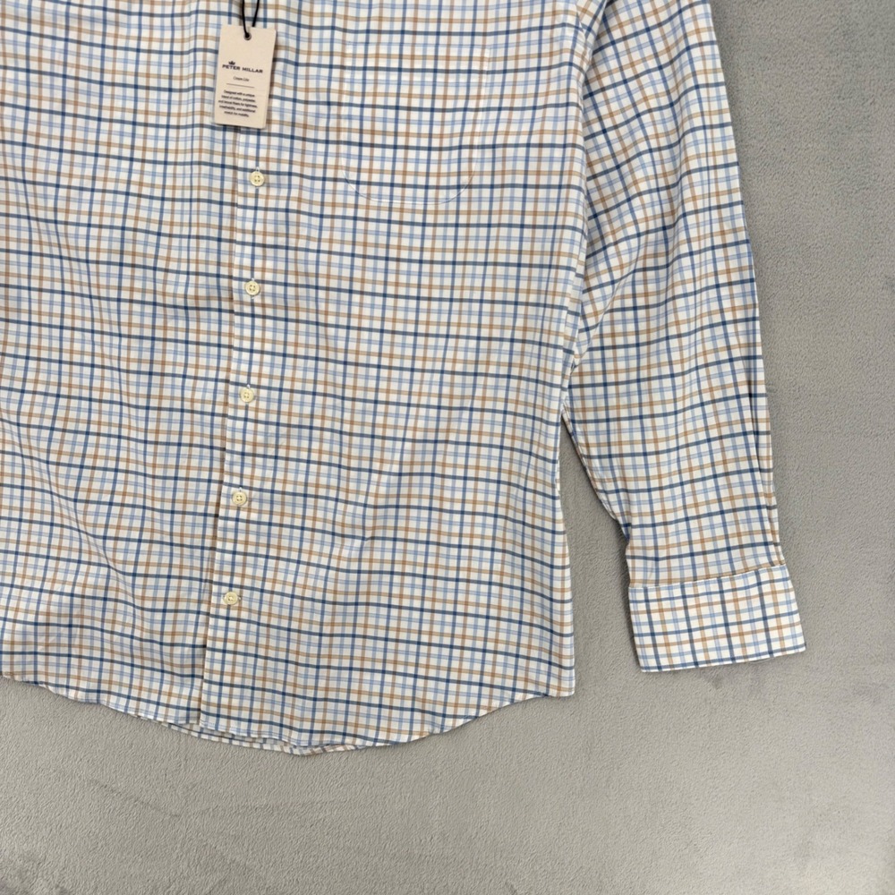 Peter Millar Crown Lite Mens Blue Tan Plaid Button Down Shirt Casual Size XL - Picture 10 of 16